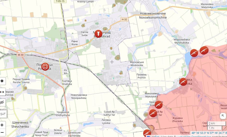 Quân đội Nga tiến về phía thành phố Myrnohrad, quân Ukraine cố gắng phản công nhưng bị đẩy lui. Cuộc bao vây Selydove dần thành hình, quân Ukraine tăng cường phòng thủ và phản công, nhưng quân Nga cũng mở cuộc tấn công ở phía nam, nhắm vào khu vực khai thác mỏ Skaya. Sau khi chiếm được khu vực này, Quân đội Nga đã có thể tấn công sâu hơn vào Pokrovsk. 