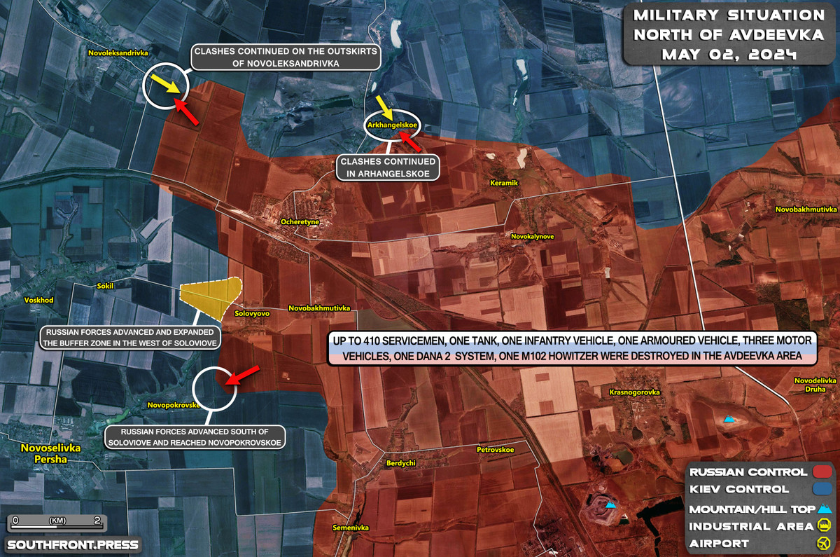 Theo thông tin từ hãng thông tấn AP cảu Pháp và các phương tiện truyền thông khác ngày 2/5, Quân đội Ukraine đã phải liên tục rút lui từ làng này sang làng khác, khi giao tranh ác liệt diễn ra ở vùng nông thôn phía tây thành phố Avdiivka trong tuần qua.