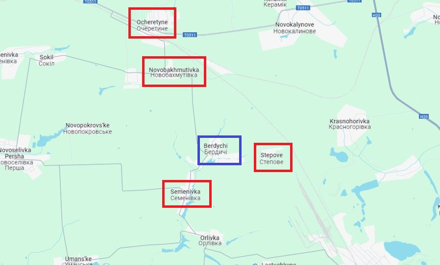 Việc Quân đội Ukraine để mất Ocheretino khiến họ phải tháo chạy khỏi Novobakhmutovka và Soloviove về phía tuyến phòng thủ phía tây; đồng thời khiến quân Ukraine ở làng Berdychi sẽ bị kẹp giữa hai gọng kìm từ Semenivka ở phía nam, Novobakhmutovka và Ocheretino ở phía bắc.