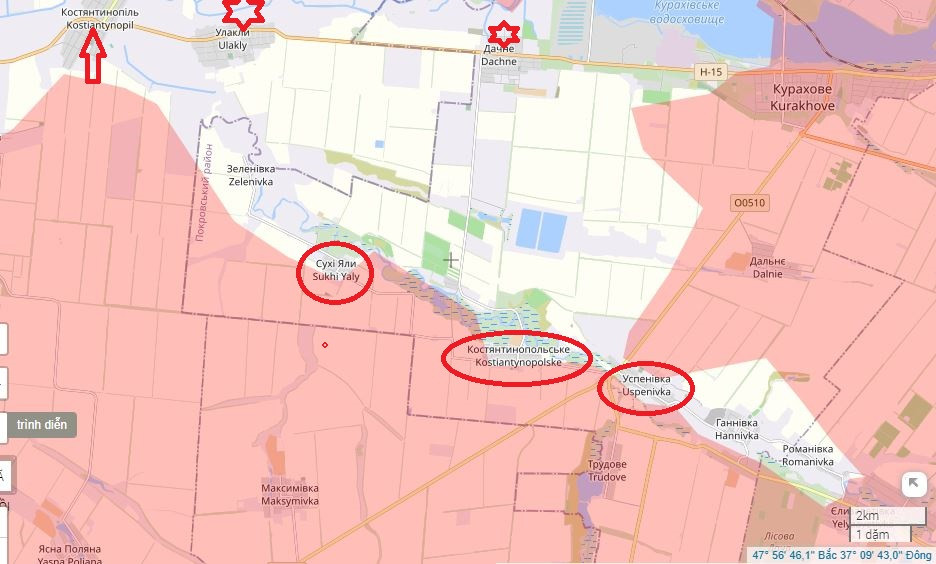 Trong “vòng vây” ở phía nam Kurakhove (tuyến phòng thủ dọc sông Sukhi Yaly), RFAF đã chiếm được làng Vesely Gai, Elizavetovka và Romanovka. Đồng thời, Deep State không xác nhận việc mất Annovka như các nguồn tin Nga đã công bố. Ngoài ra, Deep State cho biết, RFAF đã tiến vào làng Konstantinople và Sukhoi Yaly, đang tiến đến đường cao tốc H15 từ Zaporozhye-Kurakhove, cách đó 5 km.