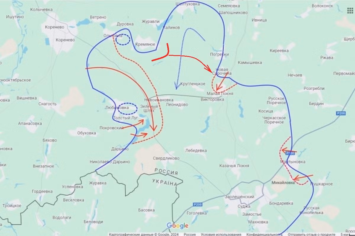 Sau đó, cảnh quay cũng xuất hiện trực tuyến về các cuộc đột kích của quân Nga tại ngã ba quận Korenevo và Sudzha, phía đông Kremyanoye, hướng về Novaya Sorochina dọc theo đường Voronok. Có lẽ, sự kiện này đã xảy ra đồng thời trong những ngày gần đây với cuộc tiến công dữ dội từ phía nam theo hướng Orlovki. Hiện tại, kết quả của trận đánh giữa hai bên vẫn chưa được biết, nhưng các cuộc tiến công đang diễn ra ở khu vực này, cho thấy ít nhất một phần vành đai rừng đông nam làng Kremyanoye đang bị Quân đội Nga chiếm giữ.