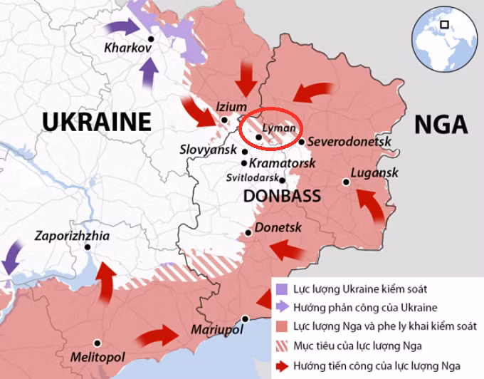 Theo thông tin từ báo chí Nga, tối ngày 26 giờ địa phương, ông Arestovich, cố vấn của Chánh văn phòng Tổng thống Ukraine, xác nhận Quân đội Ukraine đã đánh mất vị trí chiến lược tại Donetsk, đó là thị trấn Lyman.