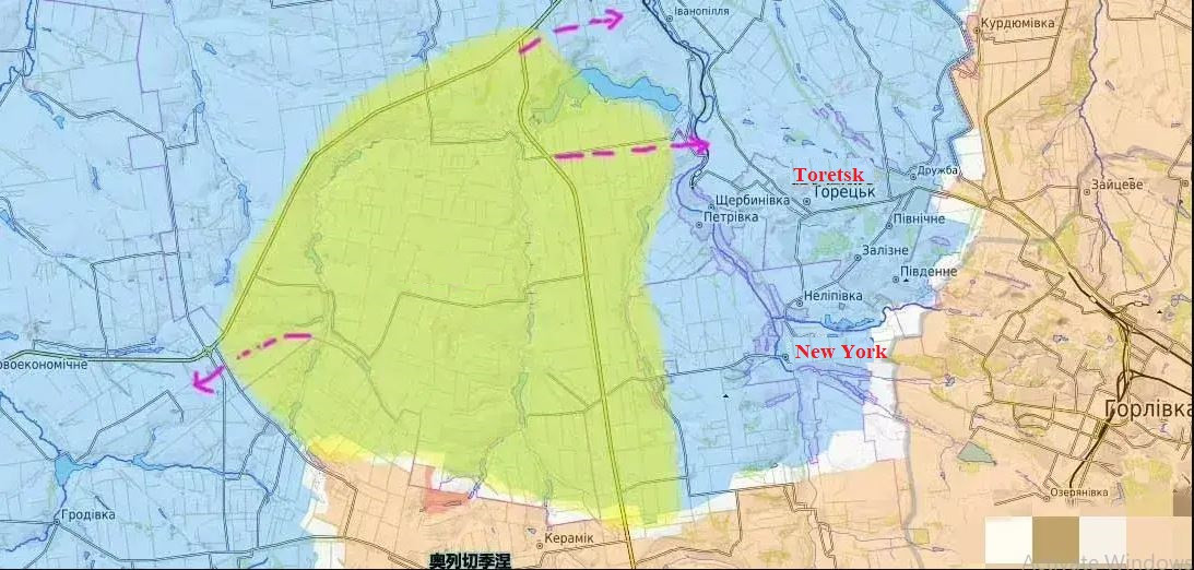 Hiện Quân đội Nga đang “làm phẳng” khu vực chiến tuyến ở khu vực phía nam Bakhmut và phía nam New York. Từ động thái này, chúng ta có thể suy ra một hướng phát triển chung trong tương lai. Đặc biệt, cần chú ý đến việc phát triển vùng xám của đoạn Kalinovo, điều này quân Nga sẽ tăng đáng kể áp lực lên phía sau Novoliksandrivka về phía tây của nó.