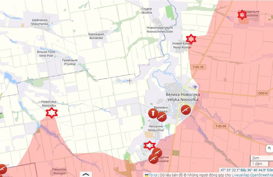 Ở phía nam Velikaya Novoselka, quân Ukraine với sự hỗ trợ của xe bọc thép, đã cố gắng tấn công các vị trí của RFAF ở Oktyabr (Blagodatny) và bị tiêu diệt. Quân Nga trong khu vực đang dần tiến qua các vành đai rừng, tiến công ở khu vực Ravnopol.
