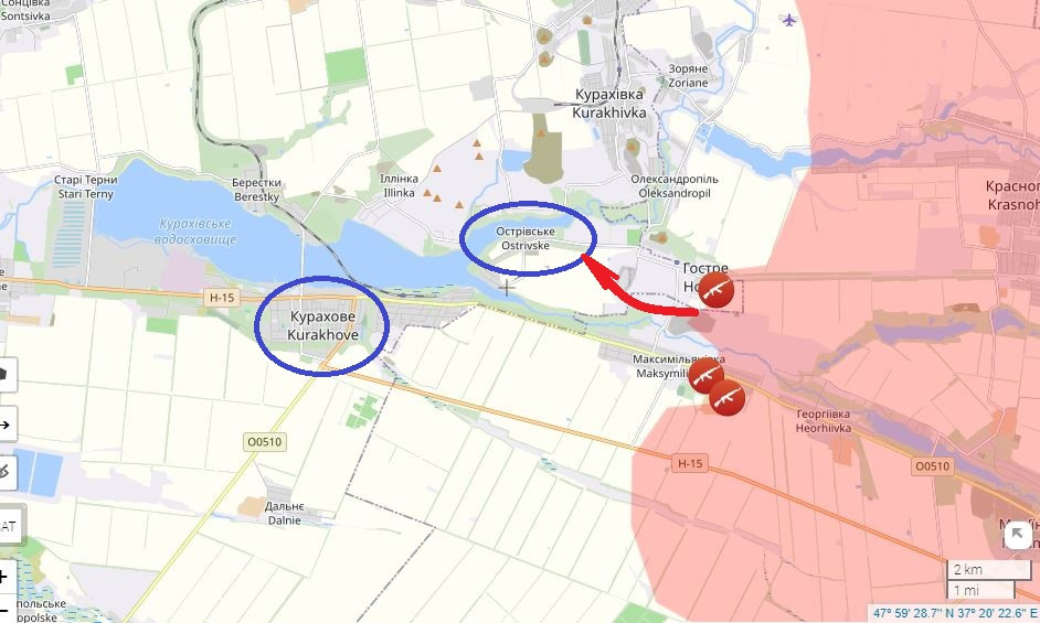 Trên hướng phía đông Kurakhove, Quân đội Nga sau khi chiếm làng Gostre và đang tiến về làng Ostrivske, nằm ở bờ đông hồ chứa Vovcha. Một khi bờ hồ khu vực phía đông được dọn sạch, trận Kurakhove sẽ chính thức bắt đầu. Điều này đồng nghĩa với việc giao tranh giữa hai bên trong khu vực sẽ bước vào giai đoạn căng thẳng và tàn khốc hơn. (Nguồn ảnh: Topwar, Ukrinform, X).