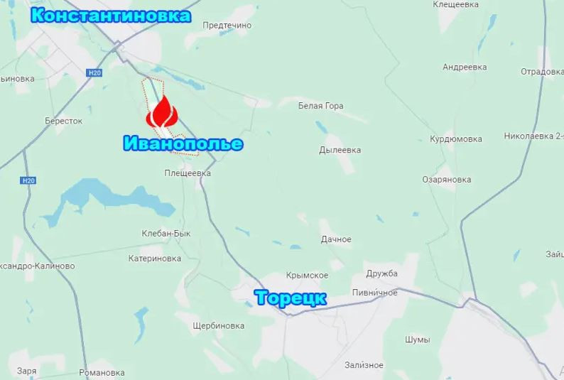 Trong khi đó, tình báo quân sự Nga đã tiết lộ hoạt động của quân Ukraine ở phía tây bắc Toretsk. Bộ Tổng tham mưu Quân đội Ukraine đã cố gắng điều động một số đơn vị tiếp viện đến Toretsk qua làng Ivanopole, giáp với thành phố Konstantinovka và cách Toretsk khoảng 12 km.