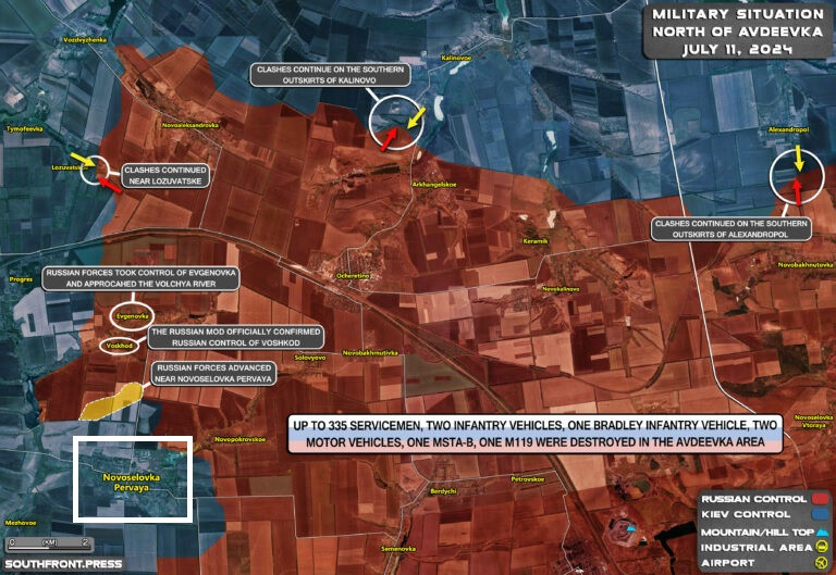 Hiện nay cứ điểm quan trọng nhất của Quân đội Ukraine ở phía tây Avdiivka là Novoselovka Pervaya (khoanh ô màu trắng trên bản đồ). Tuy nhiên, đã xuất hiện những dấu hiệu cho thấy cứ điểm này sắp thất thủ. Một khi để mất ngôi làng, quân Ukraine có thể phải đối mặt với viễn cảnh về một chuỗi sụp đổ mới, nếu không được bổ sung lực lượng dự bị.