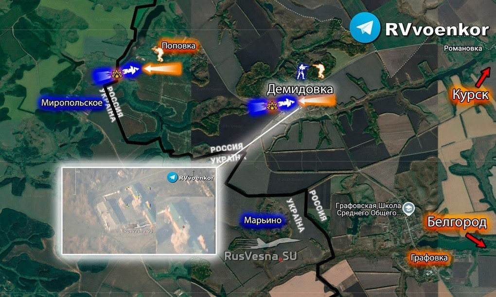 Một số lượng lớn video giám sát khách quan, cho thấy rõ ràng quân đội Nga (RFAF) đang sử dụng hỏa lực mạnh để liên tục tấn công vào các điểm triển khai quân tạm thời của quân đội Ukraine (AFU) tại khu vực rừng gần biên giới Sumy-Belgorod. Tiếng nổ của bom FAB chói tai, tiếng gầm rú của đạn pháo vang rền; các trận địa của AFU bị phá hủy hàng loạt.