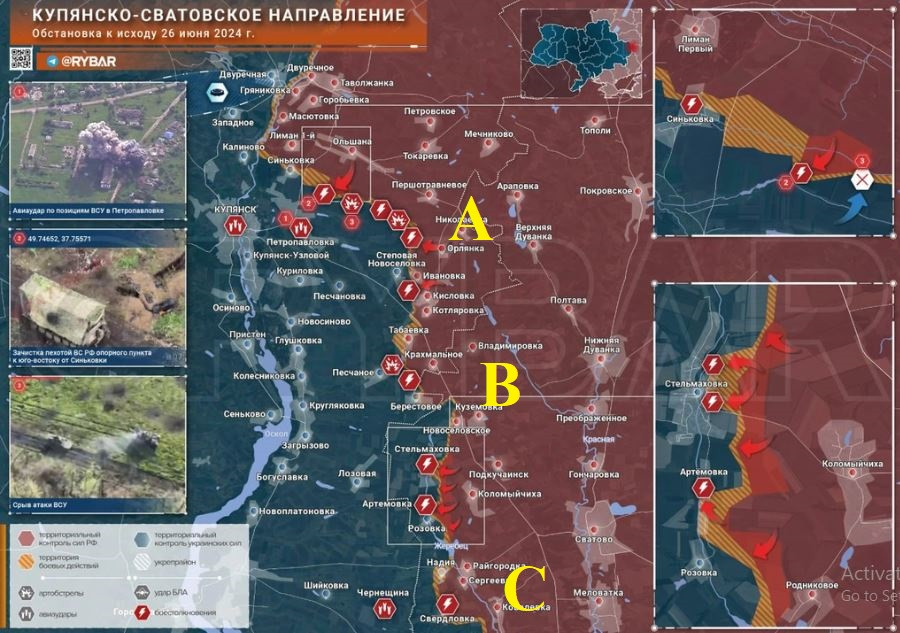Ngoài tuyến đường cao tốc, khu vực rộng lớn ở phía bắc Kupyansk rất khó phòng thủ; và theo thông tin chiến trường của Bộ Quốc phòng Nga ngày 1/7, họ sẽ tấn công khu vực này. Ngoài ra, quân Nga trên tuyến này còn tranh thủ cơ hội để di chuyển tới Berestove (B), Artemivka và Rozivka (C). 