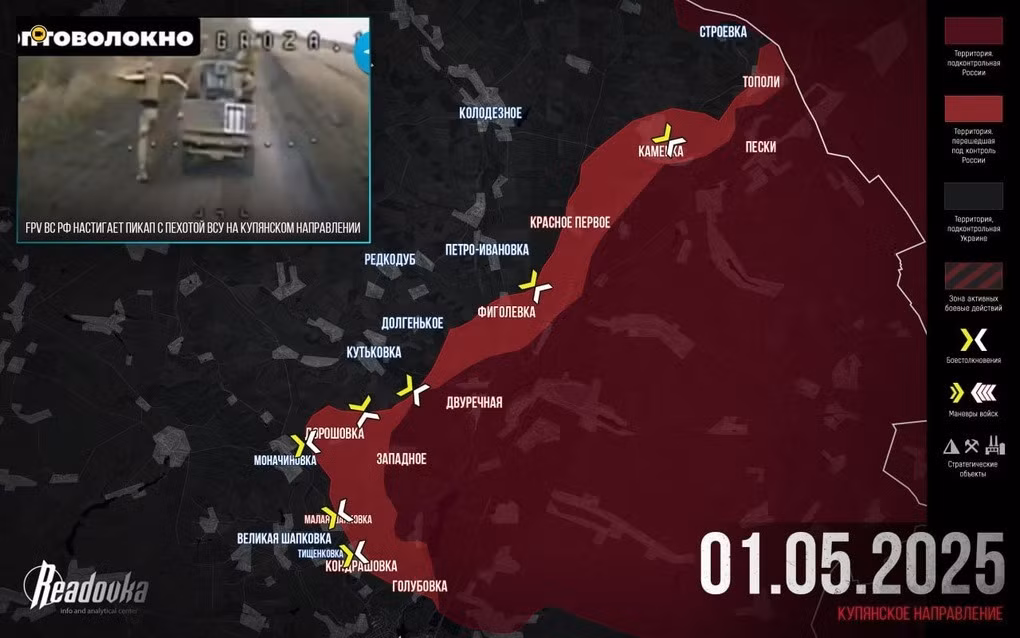 Thứ ba, RFAF bắt đầu tấn công trực diện vào các vị trí ở vùng ngoại ô phía đông thành phố Kupyansk. Vào ngày 1/5, Cụm quân phía Tây của Nga bất ngờ tấn công thị trấn Petropavlovka, cách Kupyansk khoảng 7 km về phía đông. Thị trấn này có dân số trước chiến tranh khoảng 2.486 người và hiện là trung tâm phòng thủ phía đông của Kupyansk.