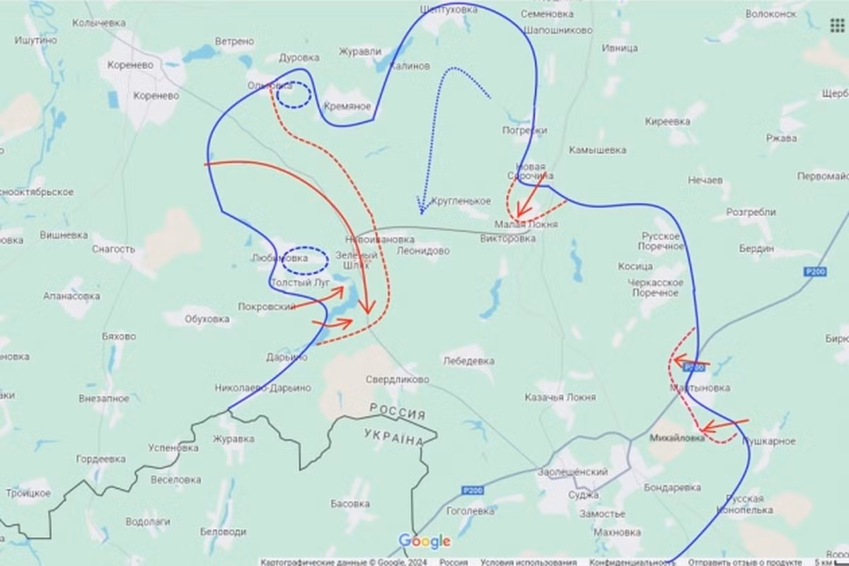 Hiện quân Ukraine đang tiến công mạnh ở các khu dân cư Kamyshovka, Novoivanovka và Pogrebki. Trong khi quân Nga đang phản công mạnh ở các khu dân cư Daryino, Zeleny Shlyakh, Nizhny Klin, Nikolaevo-Daryino, Novoivanovka và Plekhovo.