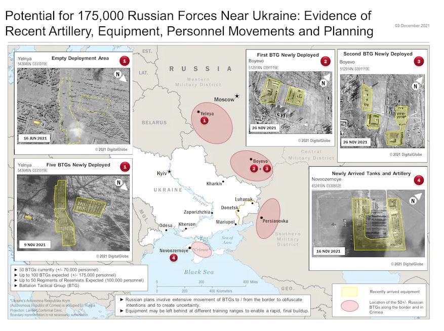 Theo thông tin từ tờ The Washington Post, có một tài liệu tình báo chưa được phân loại của Mỹ, bao gồm các bức ảnh vệ tinh cho thấy rằng, quân đội Nga đang tập trung ở bốn địa điểm. Theo tài liệu, 50 nhóm tác chiến hiện đang được triển khai, cũng như các xe tăng và pháo, mới được chuyển đến.