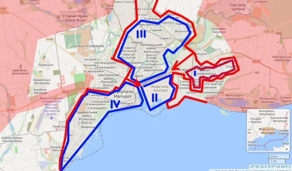 Nhưng rõ ràng là những gì còn lại của lực lượng phòng thủ Ukraine tại Mariupol có thể sẽ bị bao vây trong một đến hai ngày tới và họ sẽ không thể chạy thoát đến Nhà máy luyện kim Azovstal bên kia sông (trên bản đồ được Quân đội Nga đánh số là I). 