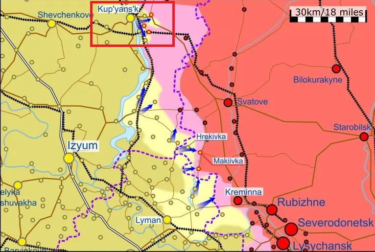 13 tập đoàn quân Nga bắt đầu mở cuộc tấn công mùa xuân. Trên mặt trận Nga-Ukraine, ở hướng cực bắc từ Lugansk đến Kupyansk tại Kharkov, Quân đội Nga triển khai ở tuyến đầu và ở tuyến dự bị phía sau, bao gồm Tập đoàn quân xe tăng 1 và Tập đoàn quân tổng hợp 2, 5, 6 và 20.