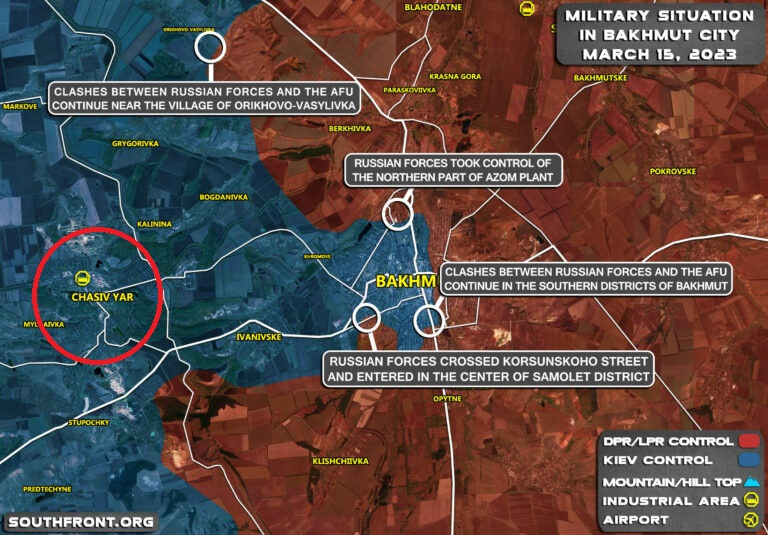 Hiện tại, Quân đội Ukraine chỉ có thể phòng thủ ở khu đô thị phía tây sông Bakhmutka, lực lượng tiếp viện mà Quân đội Ukraine gửi đến đều được triển khai ở các căn cứ tiền phương như ngoại ô phía tây Bakhmut và tuyến phòng thủ mới ở thị trấn Chasov Yar, nằm cách Bakhmut 12 km về phía tây. 