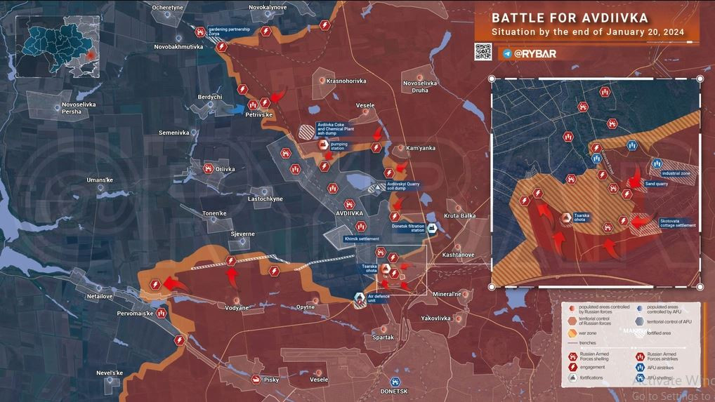 Theo kênh quân sự Suriyakmaps đưa tin, Quân đội Nga tiến về phía tây nam Kamyanka và xâm nhập khu nông trang Raduga, buộc quân Ukraine phải rút lui về bãi thải của mỏ đá Avdiivka và khu nhà nghỉ mùa hè Verba, nơi có trận địa phòng ngự quan trọng, nằm liền kề với khu vực này và đường H-20.