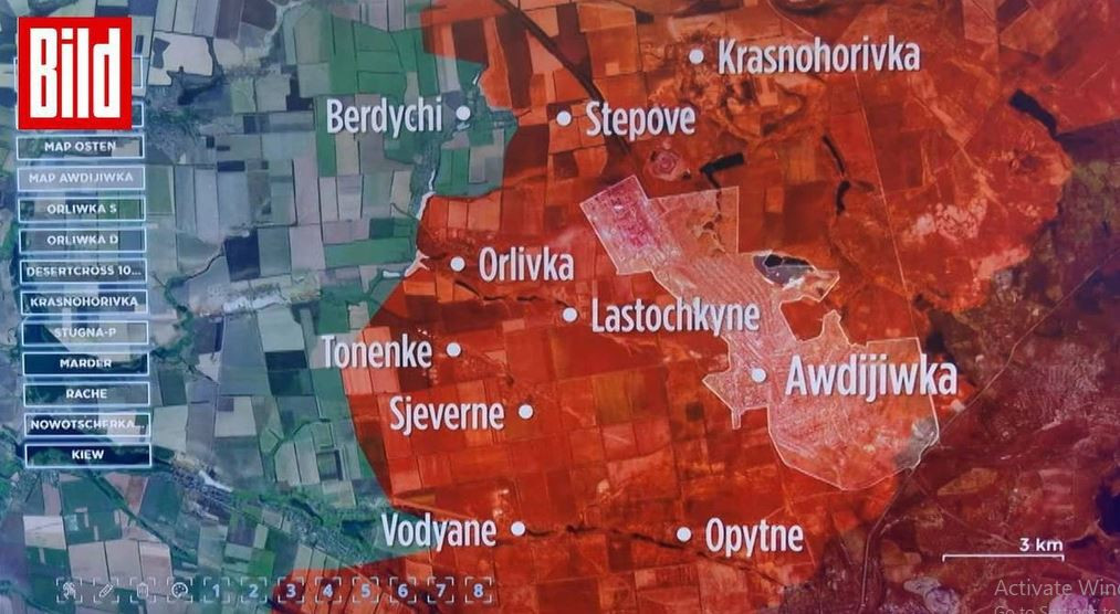 Còn trên tờ Bild (Đức) có bài viết nhận định, lực lượng phòng thủ Ukraine được triển khai dọc theo tuyến Berdychi - Semyonovka - Orlivka - Tonenke ở phía tây Avdiivka. Nhưng việc quân Nga kiểm soát các làng Tonenke và Orlivka đã ảnh hưởng đến toàn bộ chiến tuyến. Hiện tại giao tranh chỉ còn diễn ra ở Berdychi.