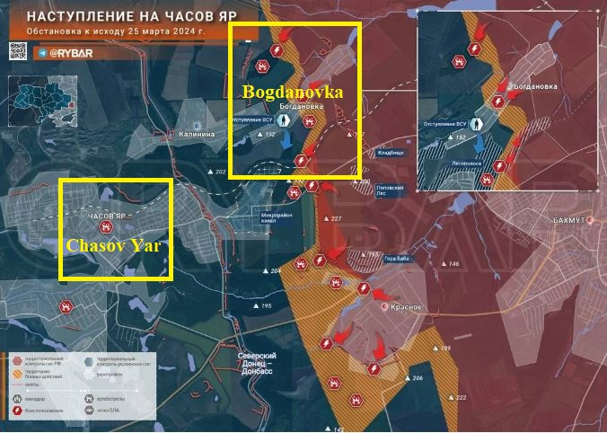 Kênh Rybar thân Nga trên mạng xã hội Telegram đưa tin, tại phía tây Bakhmut, dưới áp lực tấn công của Nga, quân Ukraine đang dần rút lui từ Bogdanovka đến các vị trí kiên cố gần Chasov Yar. Kênh Military Summary cũng xác nhận thông tin trên.