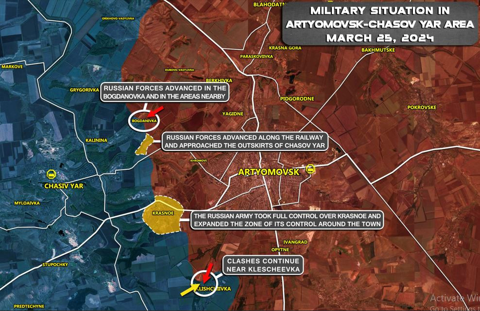 Trong khi đó tại Chasov Yar, một cứ điểm kiên cố của Ukraine gần thành phố Bakhmut và Seversk, những trận đánh ác liệt vẫn đang diễn ra. Vào ngày 26/3, Quân đội Nga đã giành được chỗ đứng trên ngọn đồi có lợi thế chiến thuật và tiến thêm 1 km đến sát thị trấn Chasov Yar. 