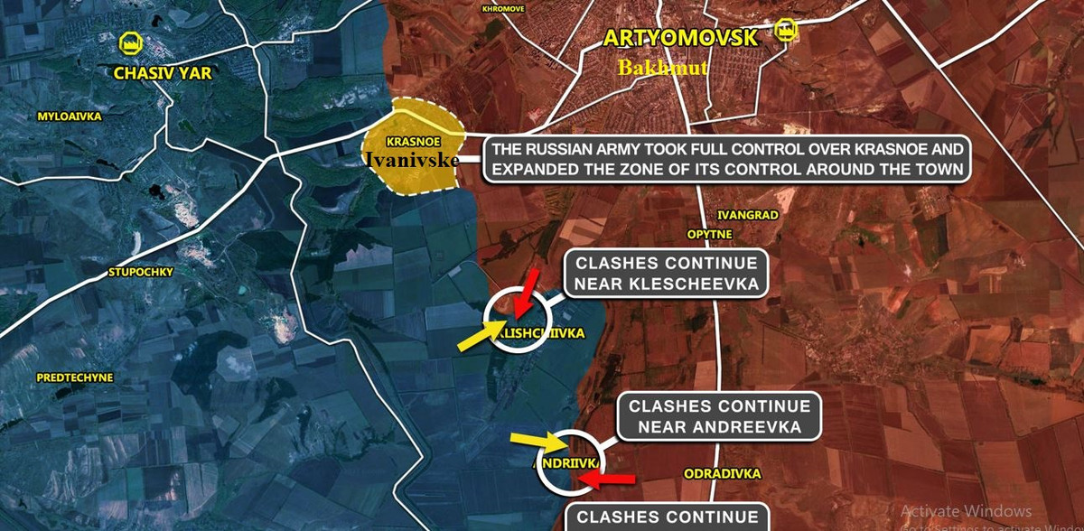 Cũng tại khu vực phía nam thị trấn Chasov Yar, quân Nga đang tiến vào khu vực giữa làng Ivanivske và Kleshcheevka. Có thể thấy quân Nga theo hướng này đang tấn công trên một mặt trận tương đối rộng.