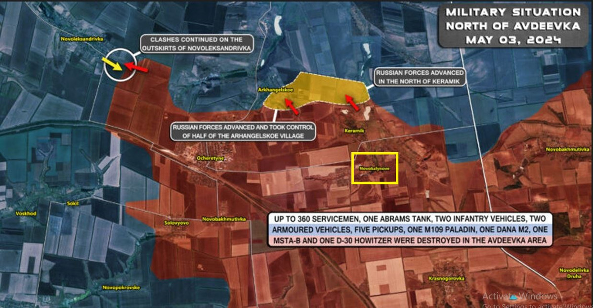 Rạng sáng ngày 27/4, khi tấn công làng Novokalynove ở phía đông bắc làng Ocheretine, quân Nga đã lợi dụng bóng đêm để trực tiếp vượt qua vị trí phòng thủ của Ukraine bố trí ở phía nam ngôi làng, đồng thời nhanh chóng phát triển chiếm giữ phía bắc ngôi làng. Cắt đứt con đường N-20 để không cho quân Ukraine rút lui về phía bắc.