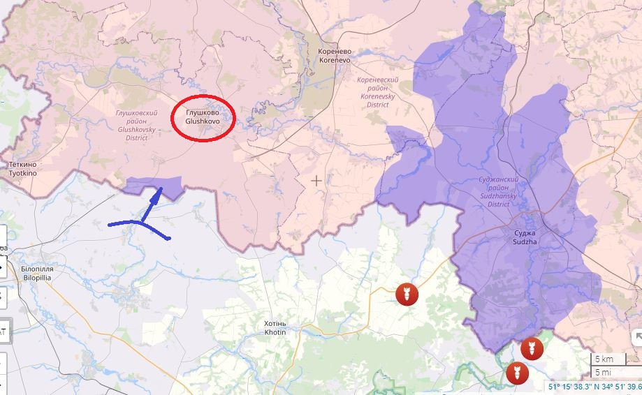 Tại quận Glushkovsky, quân Ukraine đã phát động cuộc tấn công bằng một nhóm thiết giáp sử dụng xe chiến đấu bộ binh M2A2 Bradley bắn vào vành đai rừng cách Con đường Mới không xa. Tuy nhiên, quân Ukraine đã không chiếm được vị trí nào và bị Quân đội Nga đánh bại. Hiện quân Nga tiếp tục giữ quyền kiểm soát biên giới theo hướng này.