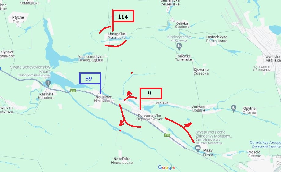 Trong số đó, Lữ đoàn bộ binh cơ giới số 9 tấn công về phía tây dọc theo đường cao tốc M04 từ làng Pervomais'ke (Làng 1/5) đến Netailove; Lữ đoàn bộ binh cơ giới số 114 tấn công về phía tây và phía bắc theo hướng Umanske. Hai lữ đoàn, một ở phía nam và một ở phía bắc, có thể hợp tác với nhau.