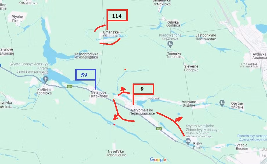 Trong số đó, Lữ đoàn bộ binh cơ giới số 9 tấn công về phía tây dọc theo đường cao tốc M04 từ làng Pervomais'ke (Làng 1/5) đến Netailove; Lữ đoàn bộ binh cơ giới số 114 tấn công về phía tây và phía bắc theo hướng Umanske. Hai lữ đoàn, một ở phía nam và một ở phía bắc, có thể hợp tác với nhau.