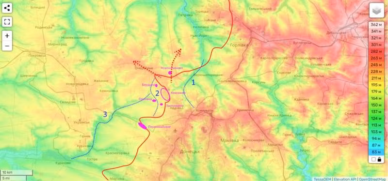 Rõ ràng là quân Nga cũng sẽ cố gắng đánh bật quân Ukraine ra khỏi phòng tuyến Berdychi-Orlovka (vị trí 2 trên bản đồ) nhằm ngăn chặn bộ chỉ huy Ukraine ổn định mặt trận. Một bước đột phá trong lĩnh vực này sẽ cải thiện đáng kể vị thế hoạt động và chiến thuật của quân Nga theo hướng này.