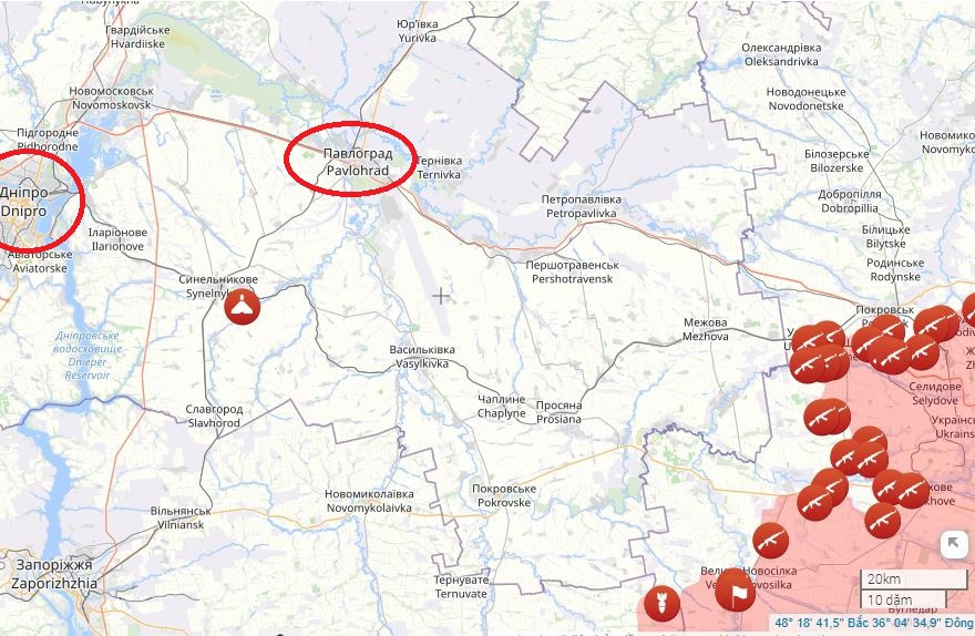 Khu đô thị lớn tiếp theo nằm sâu bên trong tỉnh Dnipropetrovsk là Pavlograd, một căn cứ quân sự lớn của Ukraine. Khu vực này cũng bao gồm Dnipro, thành phố lớn thứ tư của Ukraine. Bộ Quốc phòng Nga hôm chủ nhật đã tuyên bố chiếm làng Yantame ở vùng Donetsk, cách Pokrovsk khoảng 50km về phía nam. Từ Yantarnoye tới tỉnh Dnipropetrovsk chỉ còn khoảng 6,5km. 