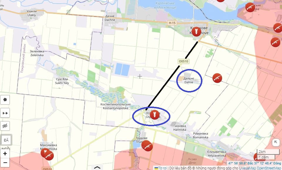 Hiện trên tuyến đường O-0514 từ Uspenovka tới đầu thành phố Kurakhove, có tổng chiều dài 8 km, đều đi qua địa hình bình nguyên bằng phẳng. Và trên trục đường đó, chỉ còn một ngôi làng, đó là Dalnje, là nơi có thể tổ chức trận địa phòng ngự, để ngăn cản quân Nga. 