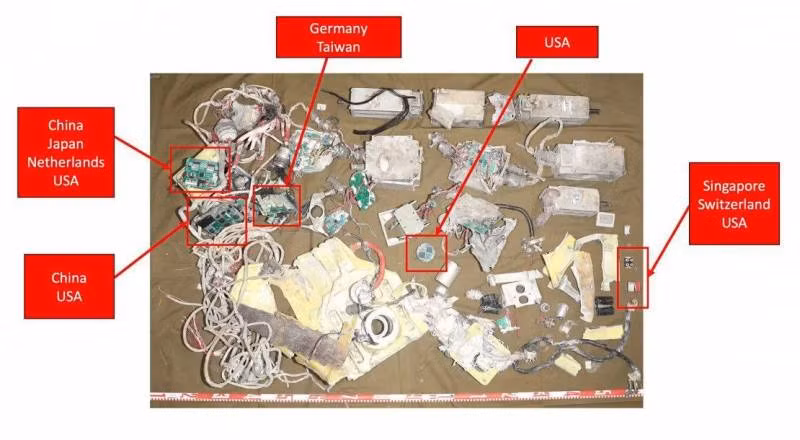 Dựa trên các dấu hiệu của những linh kiện còn sót lại, CAR đã xác định được 26 công ty liên quan đến việc sản xuất các bộ phận này, có trụ sở tại 8 quốc gia và vùng lãnh thổ, đó là Trung Quốc, Đức, Nhật Bản, Hà Lan, Singapore, Thụy Sĩ, Đài Loan và Mỹ.
