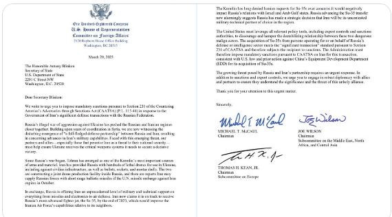 Vừa qua, Chủ tịch Ủy ban Đối ngoại Hạ viện Mỹ Michael McCaul, Chủ tịch Tiểu ban Trung Đông, Bắc Phi và Trung Á Joe Wilson và Chủ tịch Tiểu ban Châu Âu Tom Kean, vào ngày 29/3 đã gửi yêu cầu tới Ngoại trưởng Mỹ, yêu cầu áp đặt các biện pháp trừng phạt kinh tế đối với Tehran theo điều luật CAATSA (Đạo luật Chống lại Kẻ thù của nước Mỹ thông qua trừng phạt) vì việc Iran mua Su-35.