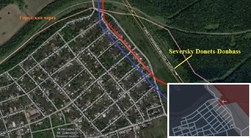 Đặc biệt là kênh đào Severski Donets – Donbass, chảy qua phía đông thành phố, nó như một đường hào tự nhiên, khiến quân Nga khó có thể vượt qua. Gần một năm qua, RFAF đã dồn lực tấn công và cơ bản đã chiếm hoàn toàn trung tâm thành phố; nhưng họ chưa thể quét sạch quân Ukraine, còn ở phía tây nam thành phố.