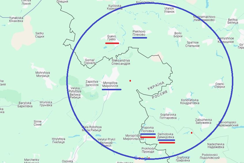 Vì tàn quân của AFU ở Kursk hiện vẫn đang cố thủ ở khu vực rừng biên giới; một số đơn vị AFU khác đã xâm chiếm khu vực Demidovka và Popovka, thuộc tỉnh Belgorod của Nga từ tỉnh Sumy. Nên dải đất lồi tự nhiên, do đường biên giới tạo thành, tại ngã ba của các tỉnh Sumy (Ukraine), Kursk và Belgorod (Nga), đã trở thành liên kết, nối liền hai vị trí của AFU.