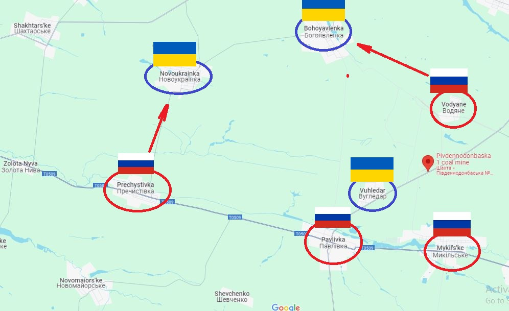 Sau khi quân Nga tràn ngập Prechistovka ở phía tây Ugledar và Vodyanoy ở phía đông bắc thành phố, họ đã bao phủ một khu vực rộng lớn. Đạt được thành công tại các mỏ than Yuzhnodonbasskaya số 1 và số 3, cũng như tiếp cận khu dân cư Bogoyavlenka. Như vậy Nga đã cắt được con đường cuối cùng, để tiếp tế cho quân Ukraine đồn trú ở Ugledar.