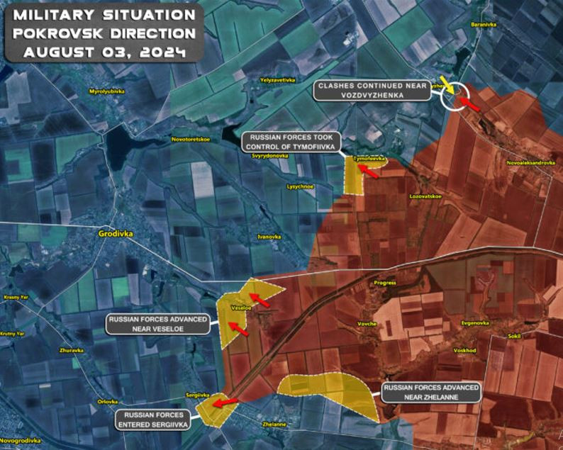 Trên hướng mặt trận ở phía đông thành phố Pokrovsk (phía tây Avdiivka), quân Nga duy trì tốc độ tấn công khá cao theo tuyến đường sắt tới thành phố Pokrovsk. Hơn nữa, sau khi chiếm đầu mối giao thông lớn ở khu vực này là làng Progress (làng Tiến bộ), tốc độ này thậm chí còn tăng lên phần nào.