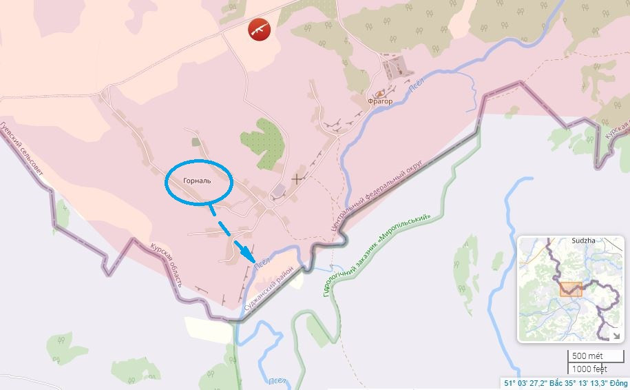 Kết quả là tuyến đường rút lui duy nhất của quân Ukraine khỏi Gornal là chiếc cầu phao đơn giản qua vùng nước nông trên sông Psel. Quân Ukraine bắt đầu di chuyển dọc theo con sông, hy vọng vượt sông và tránh được sự phong tỏa của quân Nga, nhưng họ ngay lập tức bị UAV và lựu pháo của Nga tấn công.