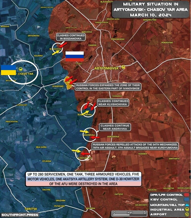Quân đội Nga đang tiến hành các hoạt động tấn công mạnh trên nhiều mặt trận ở tỉnh Donetsk, miền đông Ukraine. Cùng với việc vượt qua tuyến phòng ngự lâm thời của Ukraine ở phía tây Avdiivka, quân Nga đang tấn công vào các khu vực tiếp cận cứ điểm Chasov Yar ở phía tây Bakhmut.