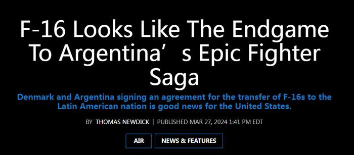 Trang web “Sức mạnh quân sự” của Mỹ ngày 27/3 tiết lộ, Argentina về cơ bản đã hoàn tất hợp đồng mua 24 máy bay chiến đấu F-16 cũ của Đan Mạch. Và đằng sau hợp đồng này, là kết quả của việc Mỹ “ra sức thuyết phục”, thậm chí “quay lưng” lại với 2 đồng minh của mình là Anh và Ukraine.