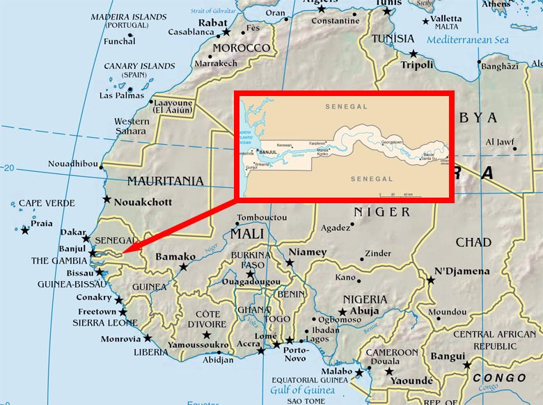 Theo định nghĩa tiểu quốc gia, thì quốc gia có lãnh thổ chỉ chiếm 0.01% diện tích toàn thế giới tức là khoảng 14.800 km2, thì được cho là quốc gia nhỏ. Trên thế giới có 49 quốc gia phù hợp tiêu chí này, bao gồm cả nước Gambia. Trong đó Gambia xếp thứ 40, đứng ngay đằng sau Iceland.