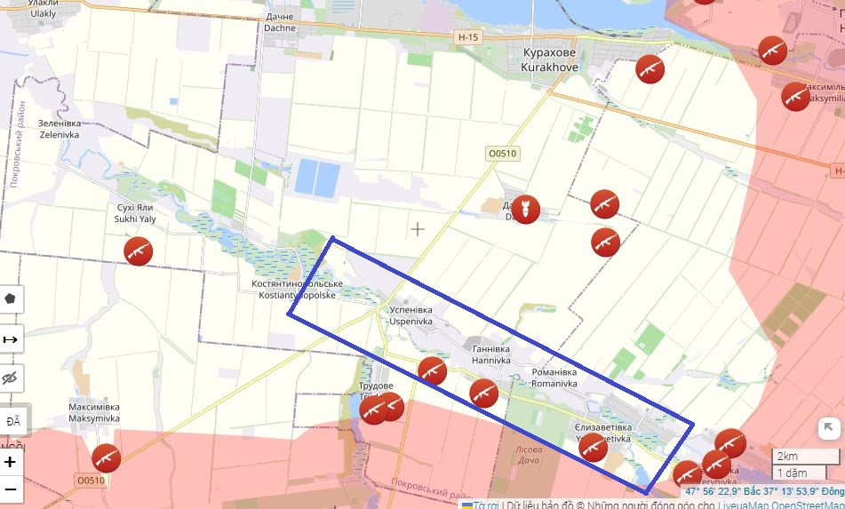 Hiện quân Nga đang cố gắng giành quyền kiểm soát tả ngạn con sông này, nhằm vây ép quân Ukraine ở khu vực Kurakhovsky như “bóp kem đánh răng trong ống”. Do vậy một số chuyên gia và nhà phân tích Ukraine đề xuất, chỉ huy Quân đội Ukraine nên nhanh chóng rút quân khỏi Illinka, Yelyzavetivka, Romanivka và Antnivka để tránh bị bao vây hoàn toàn. (Nguồn ảnh: Liveuamap, TASS, Rybar).