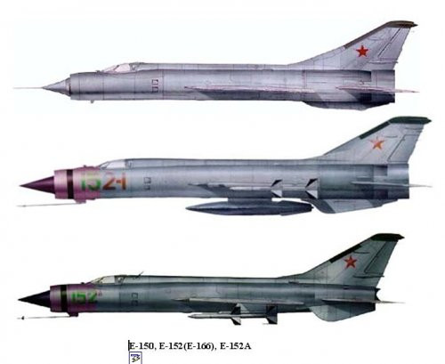 Với kinh nghiệm, tiềm năng và sự đầu tư của lãnh đạo Liên Xô, Phòng thiết kế máy bay MiG đã cho ra đời của ba mẫu tiêm kích đánh chặn siêu thanh có ký hiệu: E-152 (E-166), E-150, E-152M.
