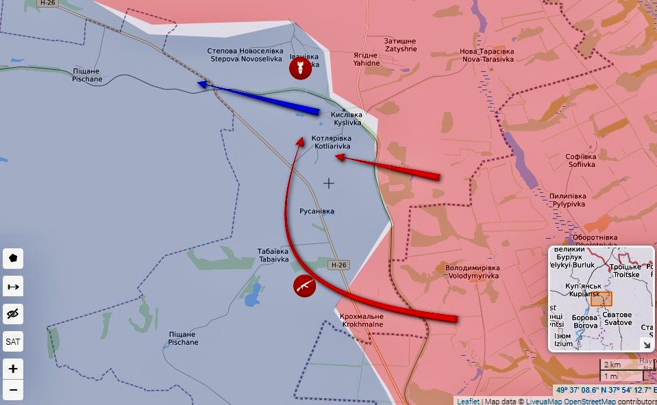 Kết quả là làng Rusanovka nhanh chóng bị các nhóm chiến thuật cấp trung đội của Tập đoàn quân xe tăng số 1 kiểm soát, dẫn đến việc các đơn vị thuộc Lữ đoàn bộ binh cơ giới số 54 của Ukraine phải rút khỏi đoạn đường trọng điểm của đường cao tốc N-26.