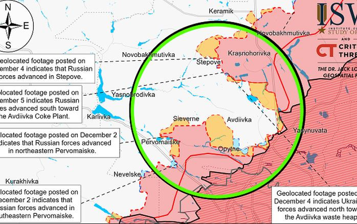 Ở phía bắc Avdiivka, quân Nga tiếp tục tổ chức tấn công và tấn công ác liệt vào các vị trí của quân Ukraine. Các vị trí của Quân đội Ukraine ở Novobakhmutka, Stepove, phía nam Núi xỉ thải và phía nam Vesnya đều bị quân Nga tấn công.