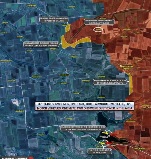 Theo một nguồn tin giấu tên từ Bộ Tổng tham mưu Quân đội Ukraine, sau khi mất các làng Volchye và Yasnobrodovka, quân Ukraine bắt đầu rút quân về bờ tây sông Volchya dưới áp lực tấn công của quân Nga. Một mặt trận rộng lớn từ Karlivka trên đường cao tốc M4 ở phía Nam, kéo tới làng Ivanivka ở phía bắc, với chính diện tới 30km.