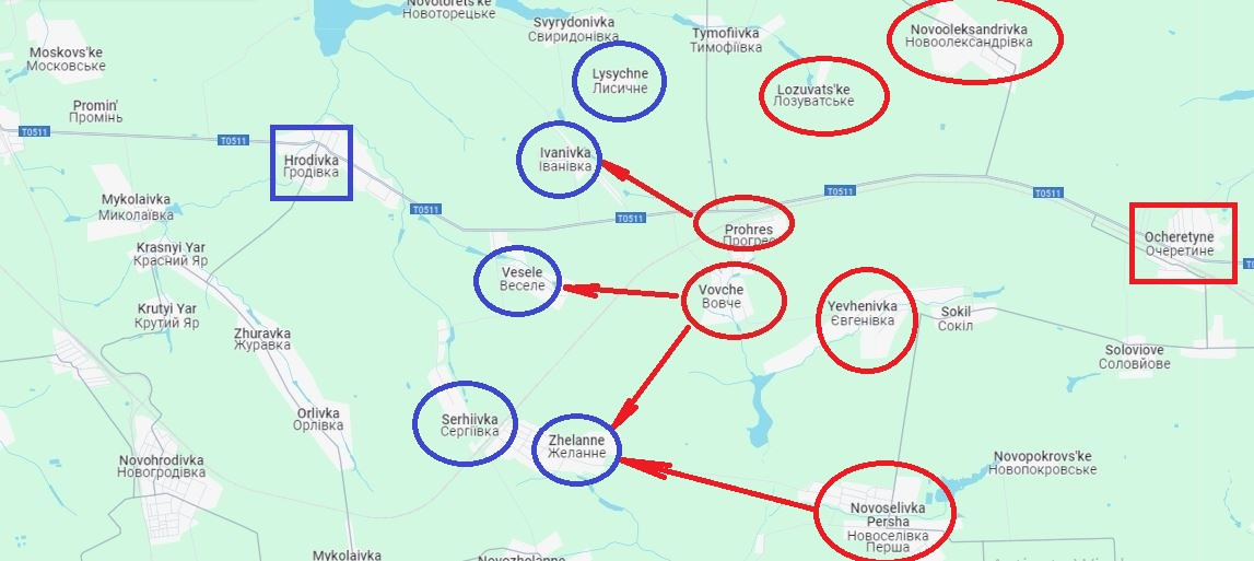Theo các nguồn tin Ukraine, bao gồm DeepState và Sniper Speaks, Quân đội Nga thậm chí còn tiến xa hơn về phía tây và đang tiến vào làng Ivanovka và Veseloye, trong đó làng Volchye có thể đã hoàn toàn nằm dưới sự kiểm soát của Quân đội Nga.