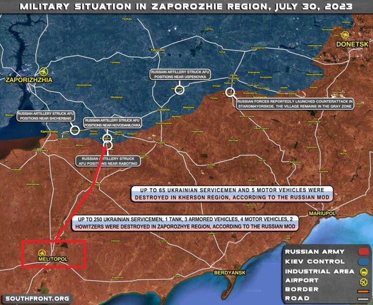 Làng Rabotino nằm cách mục tiêu chính của quân đội Ukraine 100 km về phía đông nam trên biển Azov, đó chính là thành phố Melitopol. Nhiệm vụ chính của đợt phản công là cắt đứt mối liên kết giữa mặt trận phía nam và phía đông của quân đội Nga; giữa lãnh thổ Nga và bán đảo Crimea. 