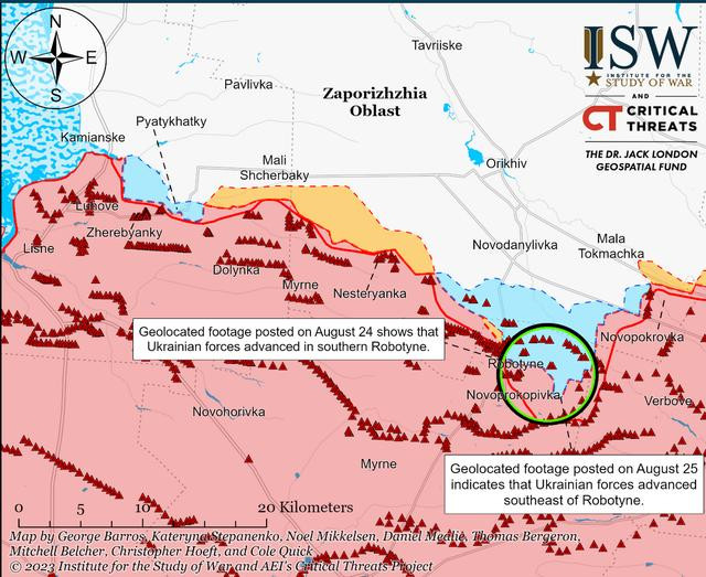 Suy cho cùng, hướng tiến công trên hướng Orekhiv hiện tại của Quân đội Ukraine chỉ rộng khoảng một km, ngay cả vị trí xuất phát tiến công cũng chỉ rộng 15 km, độ sâu trung bình hiện tại không đến 2 km, nơi sâu nhất cũng chỉ khoảng 6 km. Vì vậy, mặt trận của quân Ukraine có thể dễ dàng bị quân Nga “cắt đứt” (Bản đồ IWS cho thấy cả hai cánh trái và phải của quân Ukraine đều gặp nguy hiểm lớn).