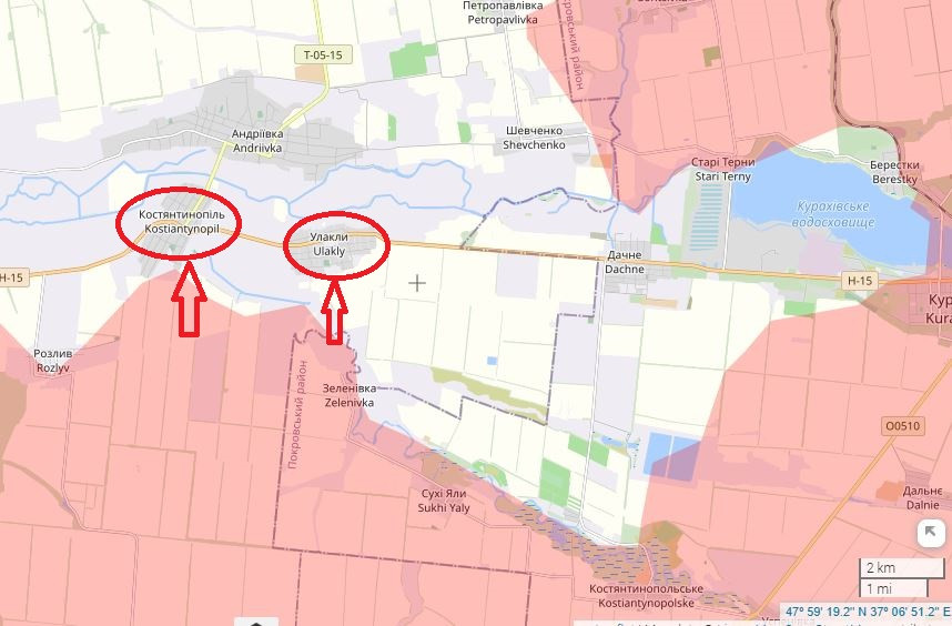 Ở khu vực phía nam Kurakhove, dọc theo hữu ngạn sông Sukhi Yaly, sau khi tuyến phòng thủ ở phía nam con sông này bị sụp đổ, các đơn vị xung kích của Cụm Vostok RFAF tiếp tục tiến về phía tây làng Zelenivka, nhằm chiếm các làng Konstantinopol và Ulakly, nằm trên trục đường cao tốc H-15 từ Kurakhove đi Zaporozhye.